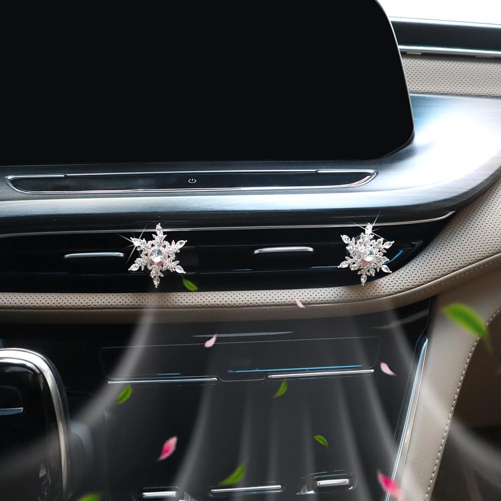 ORIESSE Clips de ventilación para ambientador de automóvil, 2 piezas de accesorios giratorios de copo de nieve plateados, accesorios de automóvil