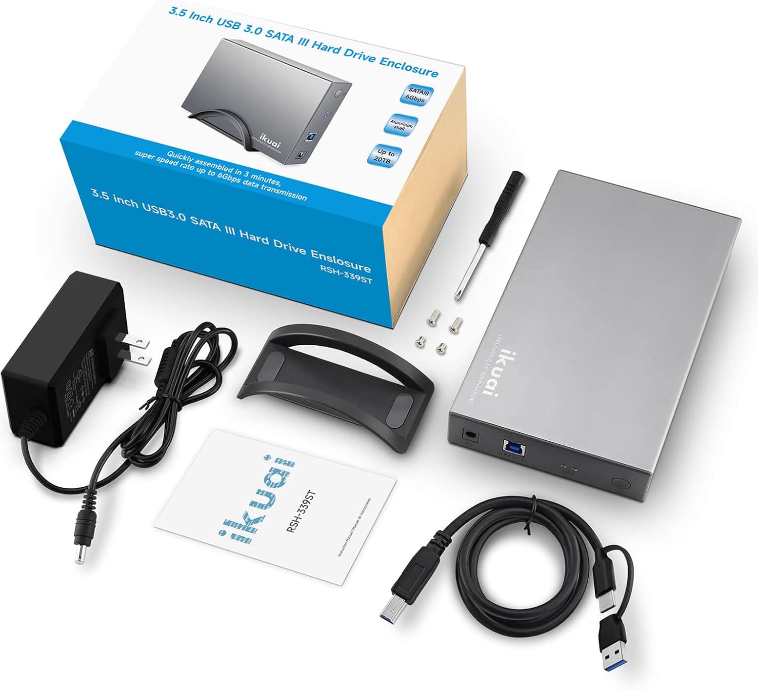 Caja de disco duro de aluminio de 3.5 pulgadas USB 3.0USB C a SATA para disco duro interno de 3.5 pulgadas y SSD de hasta 20 TB
