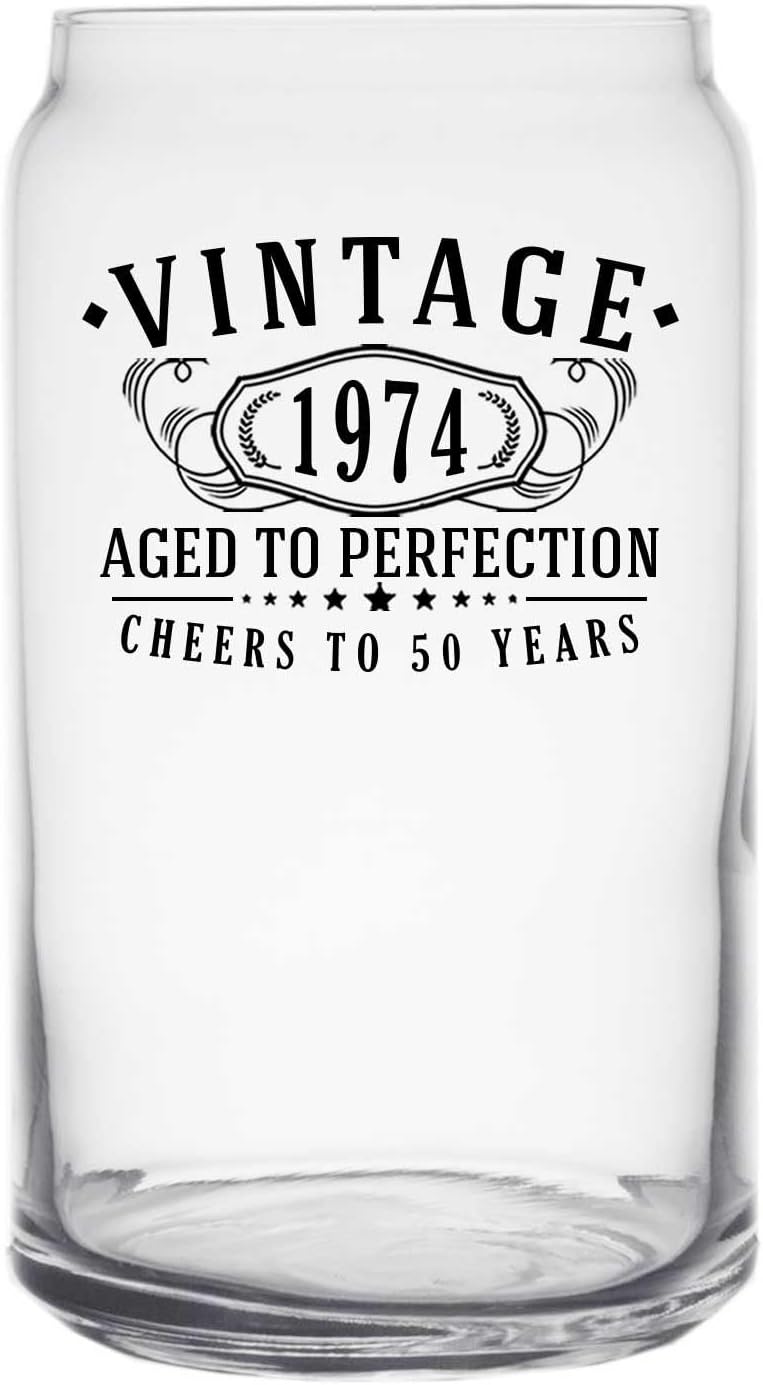 Taza de vidrio para beber café con estampado negro vintage de 1974 de 16 onzas  Regalos de feliz cumpleaños 50 para mujeres y hombres, saludos a 50