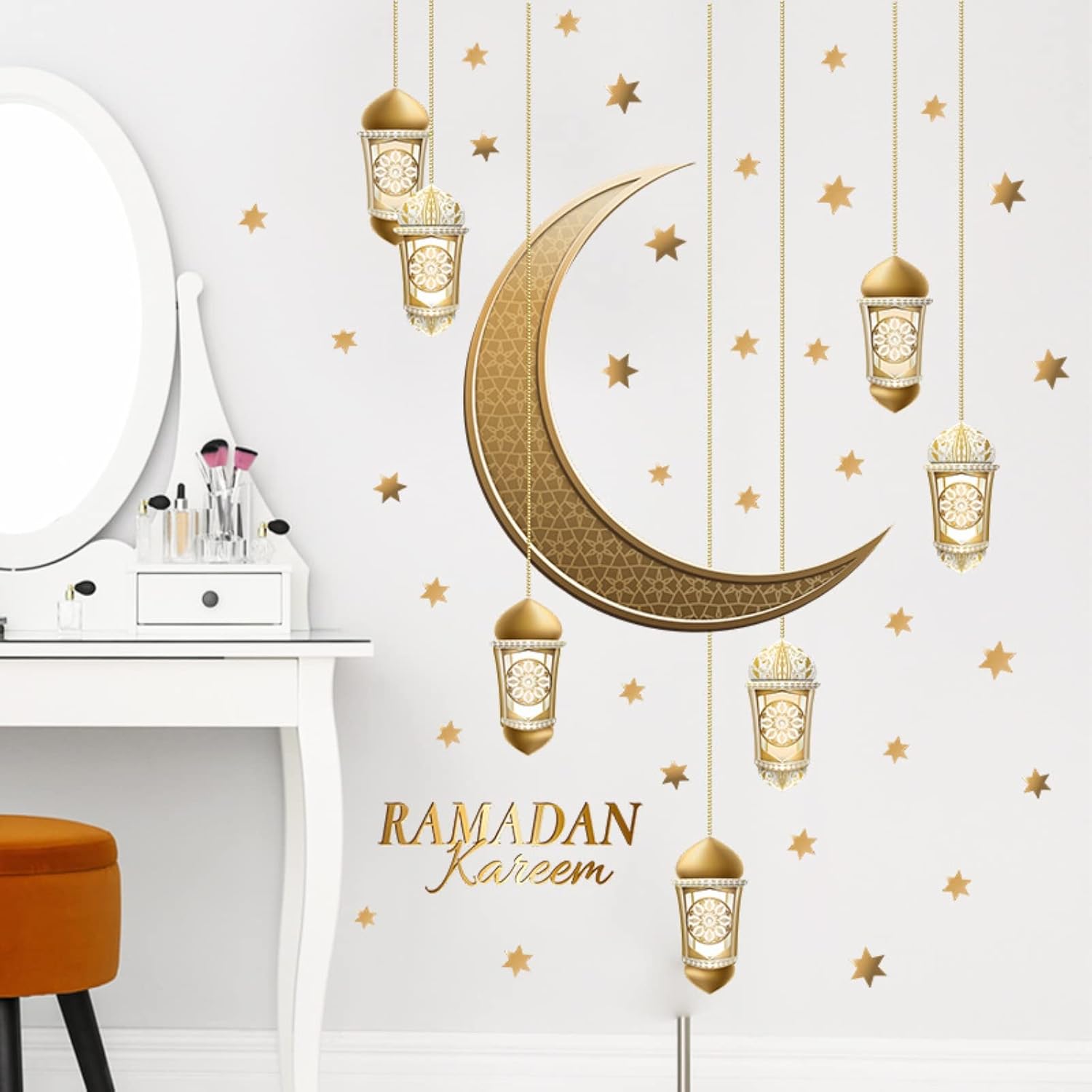 Calcomanías de decoración de pared de Ramadán, calcomanías islámicas musulmanas para colgar Eid Mubarak Ramadán, farol de Ramadán, luna y estrella,