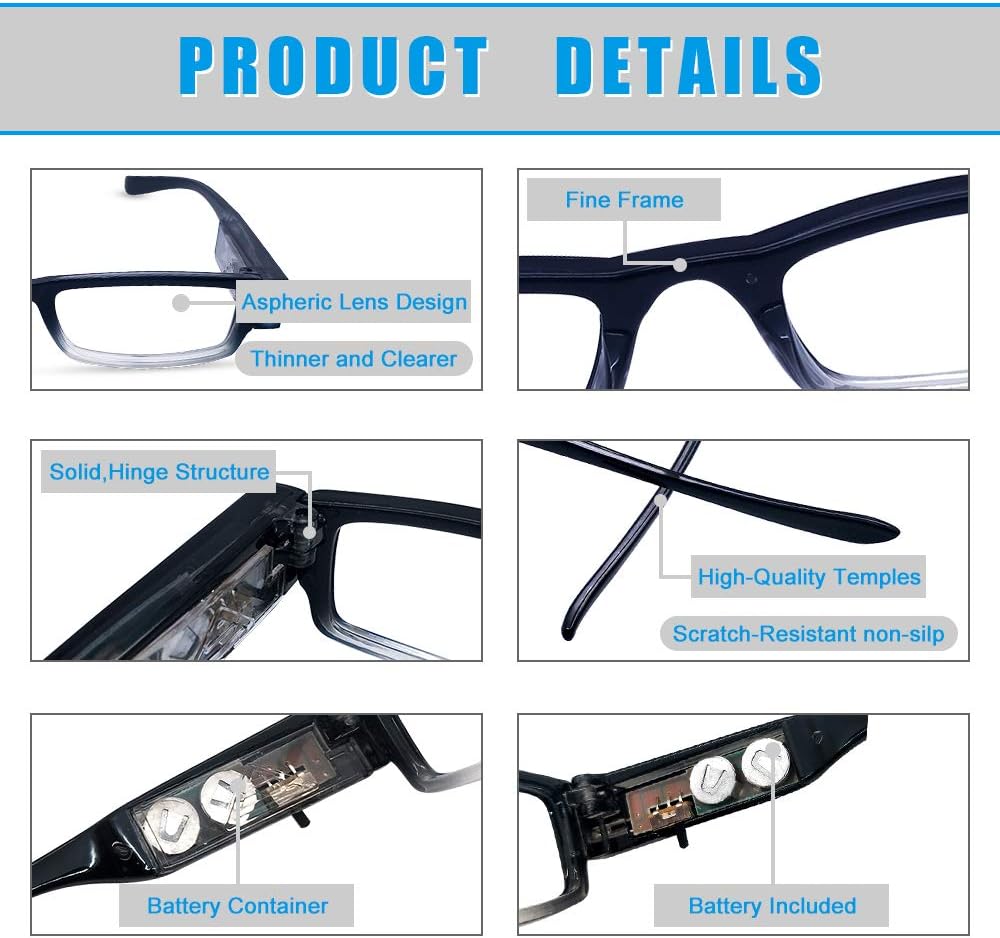 Paquete de 2 lentes de lectura con luces, lectores LED con luces, lupas iluminadas, anteojos de lectura iluminados para hombres y mujeres, anteojos