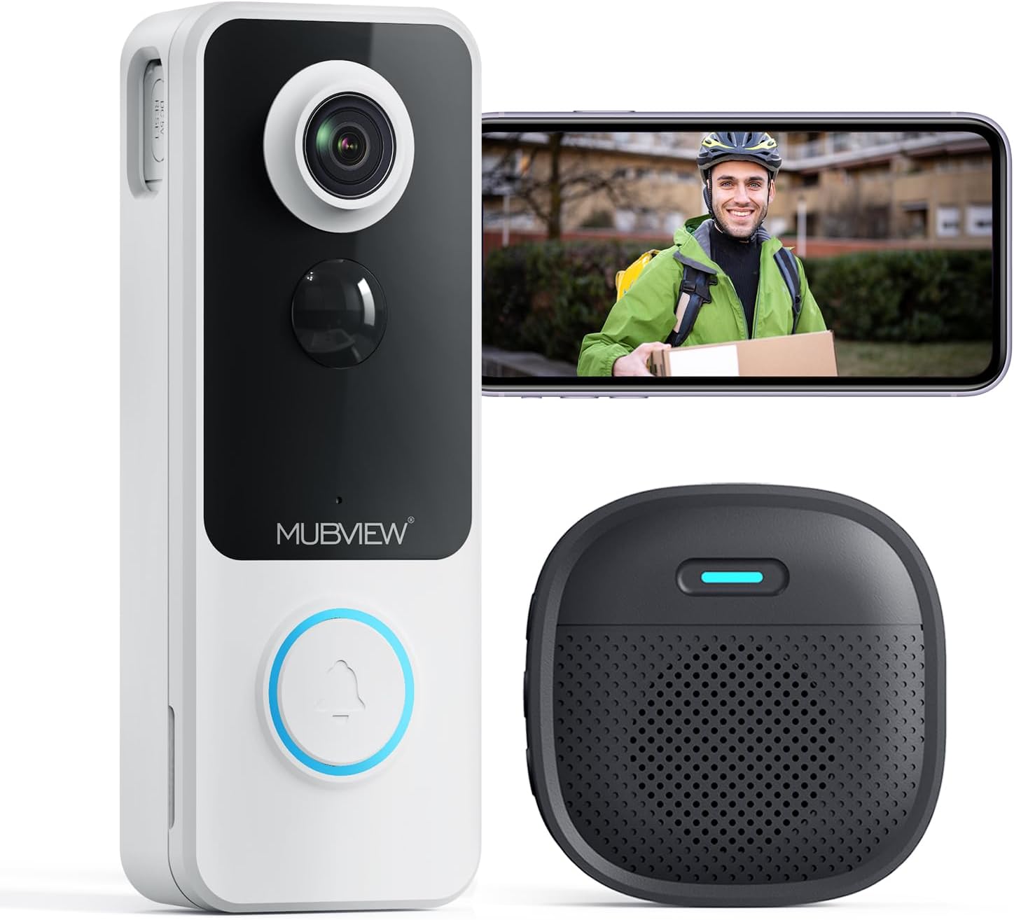 MUBVIEW Cámaras de seguridad inalámbricas para exteriores para el hogar, cámara de timbre de video WiFi con cámara de voz, detector de movimiento,