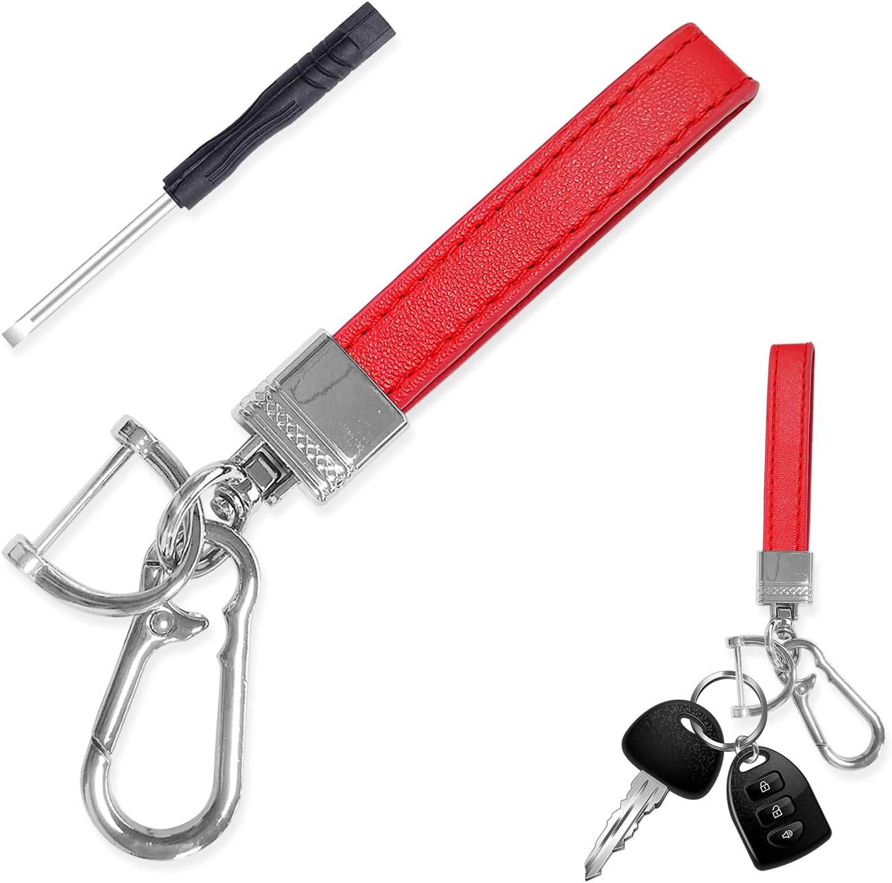 Llavero de cuero de microfibra para automóvil, giratorio de 360 grados, con anillo en D antipérdida, llavero y destornillador (rojo y plateado)