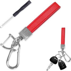 Llavero de cuero de microfibra para automóvil, giratorio de 360 grados, con anillo en D antipérdida, llavero y destornillador (rojo y plateado) Llavero de cuero de microfibra para automóvil, giratorio de 360 grados, con anillo en D antipérdida, llavero y destornillador (rojo y plateado)