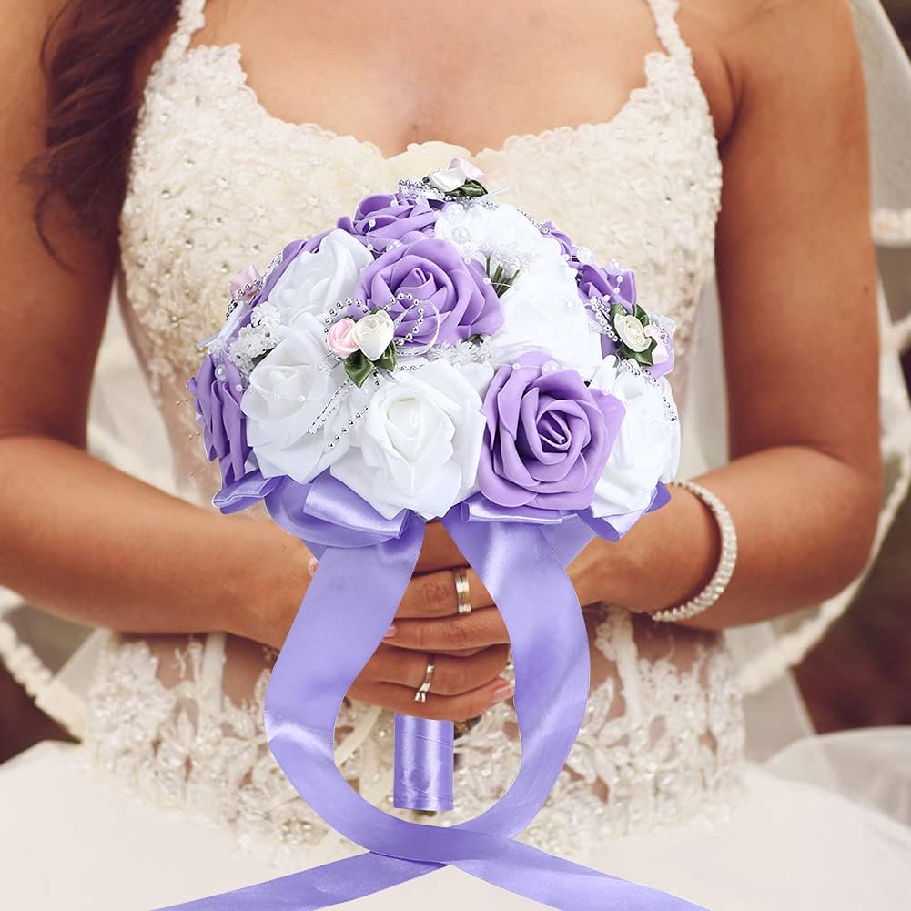TOPINCN Ramo artificial, simulación de novia, ramo de boda, suministros de decoración para ramos de boda, centros de mesa, arreglos (morado)
