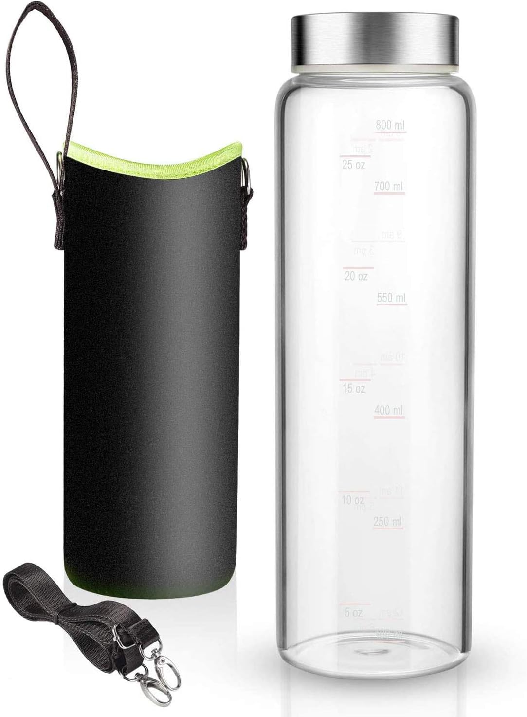 Botella de agua de cristal de 32 onzas, funda protectora de botella de nailon, tapa de acero inoxidable y medidas marcadas de 1 litro, reutilizable,