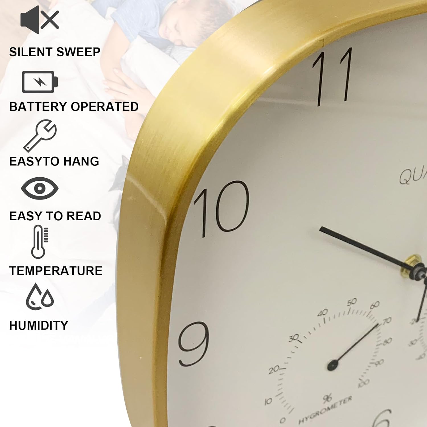 ANDSTAR Reloj de pared silencioso de 12 pulgadas con temperatura y humedad, funciona con pilas, relojes de pared decorativos para sala de estar,