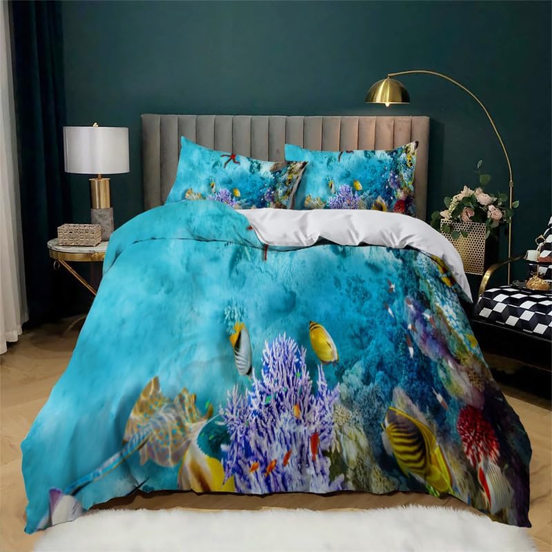 Sky Blue Fish School Duvet Cover Full Animal Print Bedding Sets Full Soft Microfiber Comforter Cover and 2 Pillow Shams 20″X26″, Bed Set Duvet