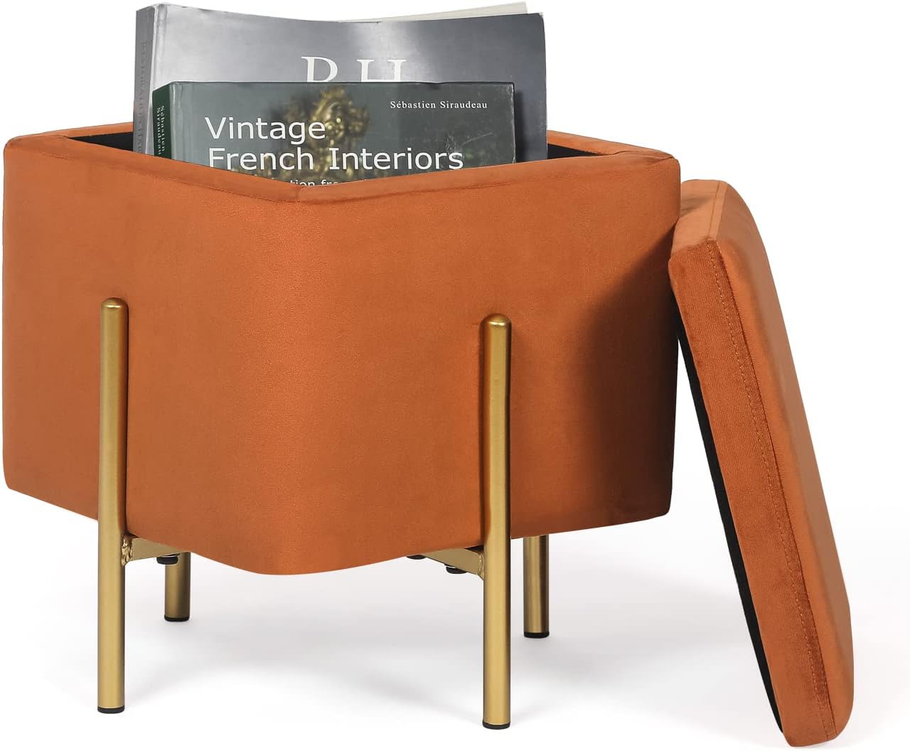 Otomana pequeña cuadrada de terciopelo para almacenamiento, taburete de tocador multifunción, reposapiés, patas de metal de alto soporte, color