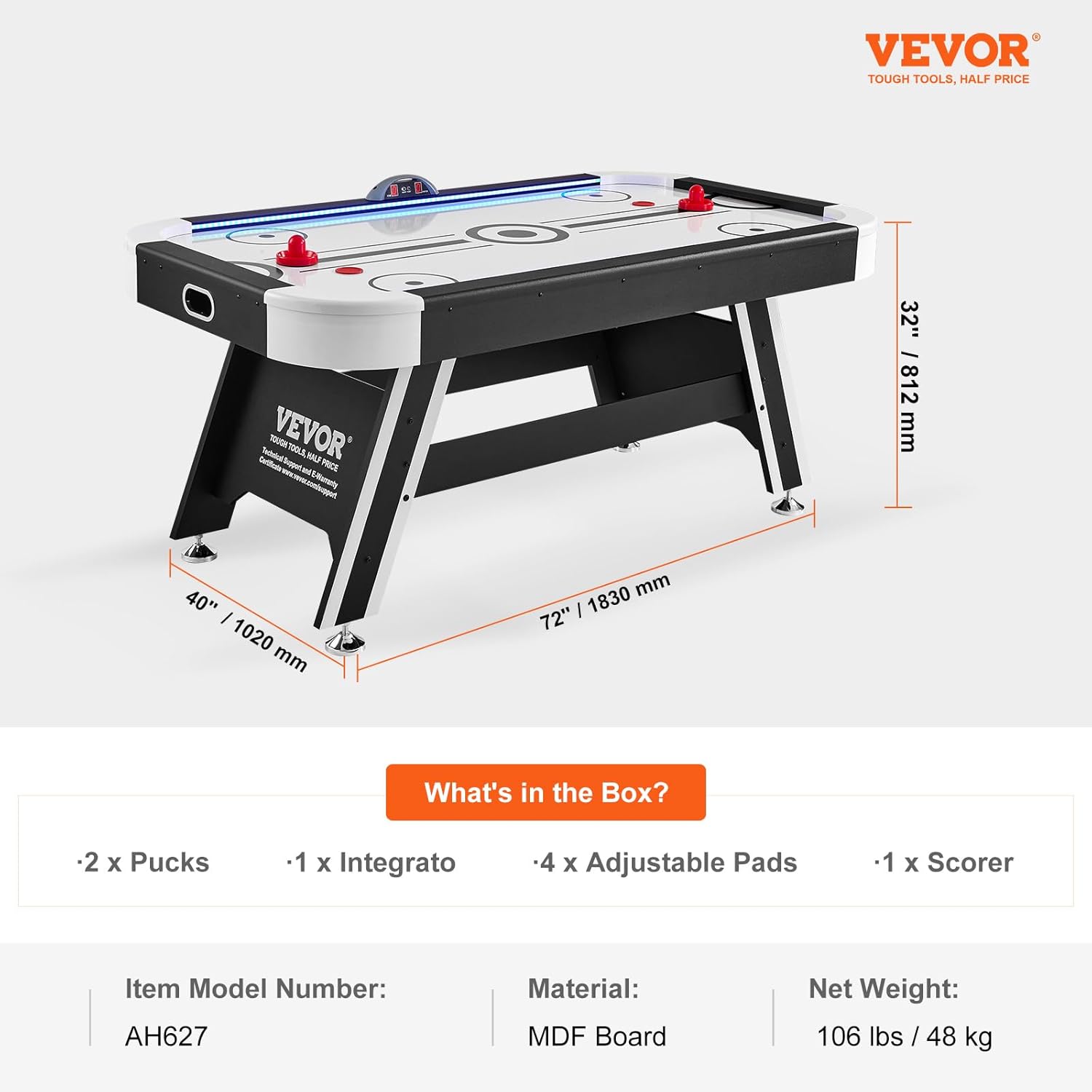 VEVOR Mesa de hockey de aire, mesa de hockey interior de 72 pulgadas para niños y adultos, juego de hockey deportivo LED con 2 discos, 2 empujadores