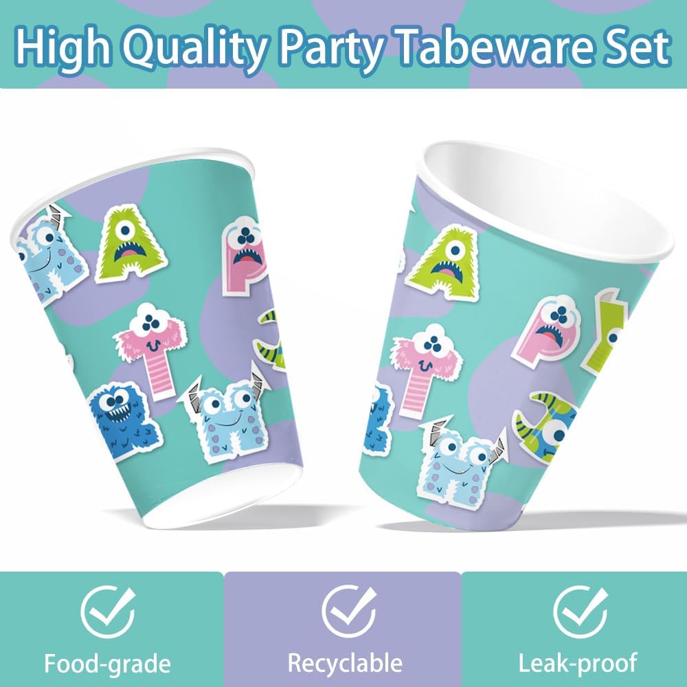 Juego de 80 piezas de platos de papel para fiesta de cumpleaños de monstruo, servilletas, tazas, tenedores, niños, monstruos, fiesta de cumpleaños,