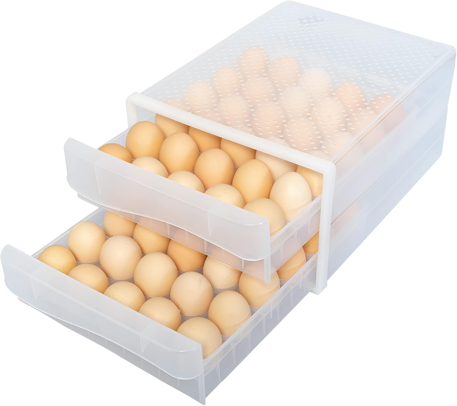 WAYTRIM Cajón de huevos de plástico para huevos, cesta de huevos, organizador de nevera con asas, contenedor de almacenamiento para refrigerador,