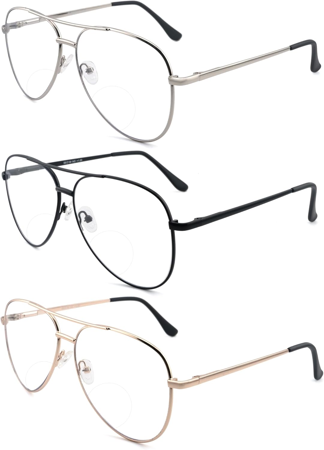 Paquete de 3 lentes de lectura bifocales para mujeres y hombres, lentes de lectura bifocales de aviador, lentes de lectura bifocales + 2.0