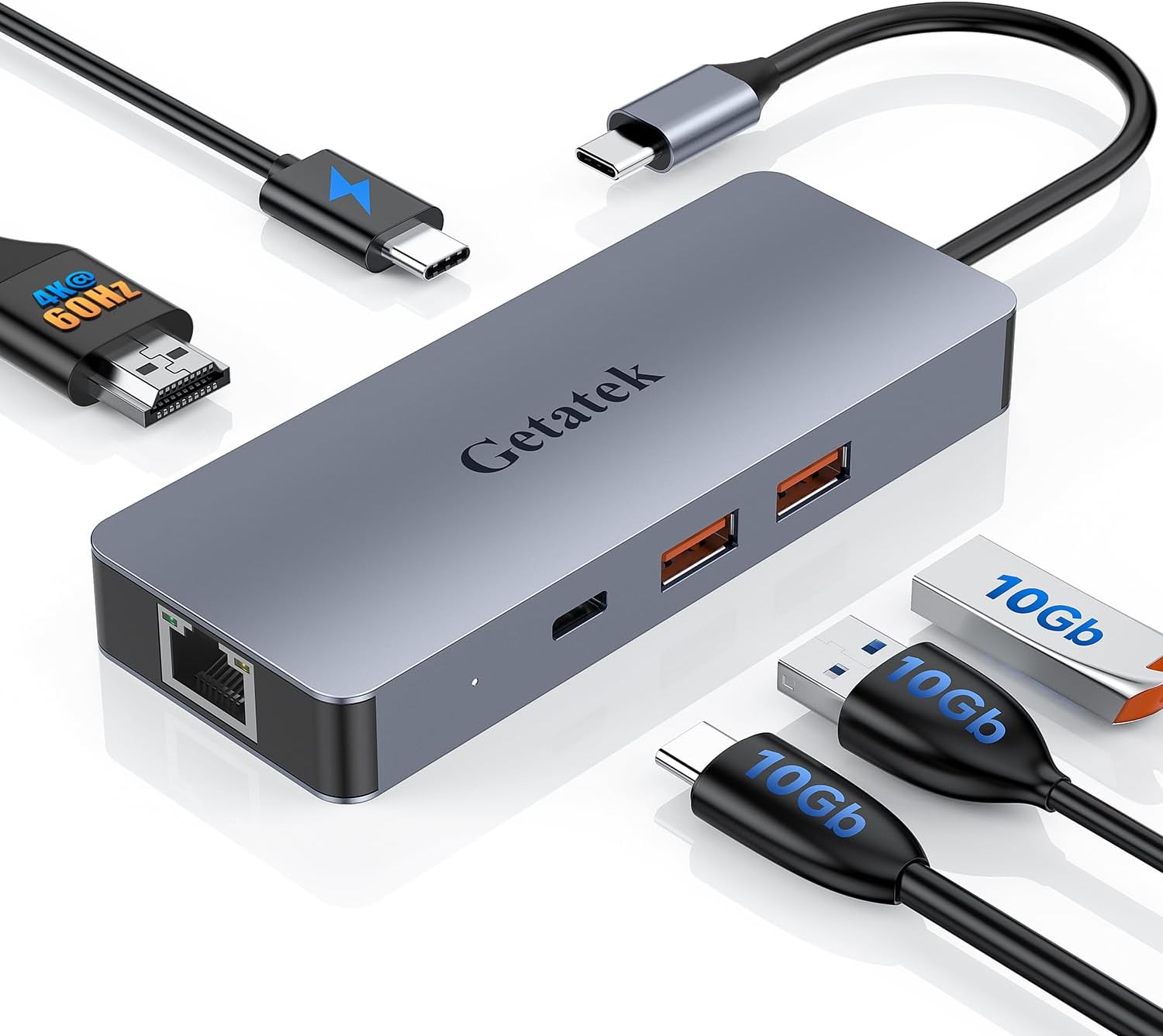 Hub Ethernet USB C, adaptador multipuerto USB C 6 en 1 con HDMI 4K 60HZ, puertos USB C de 10 Gbps y 2 A de datos, carga PD de 100 W, RJ45, apto para