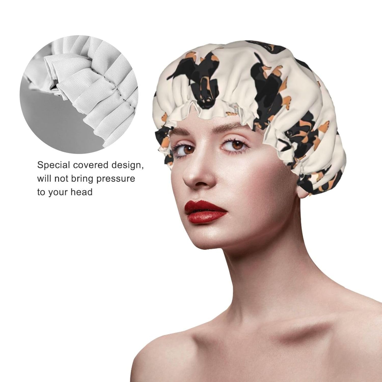 Lindo gorro de ducha de perro para mujer, elástico y reutilizable, doble capa impermeable sombrero de baño