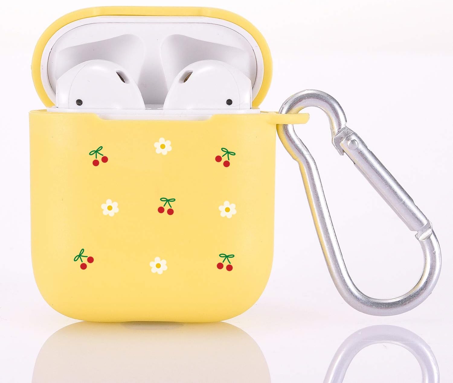 Funda amarilla para AirPod 1 y 2 con llavero de mosquetón de anillo, bonita funda de cereza inalámbrica para auriculares inalámbricos, funda