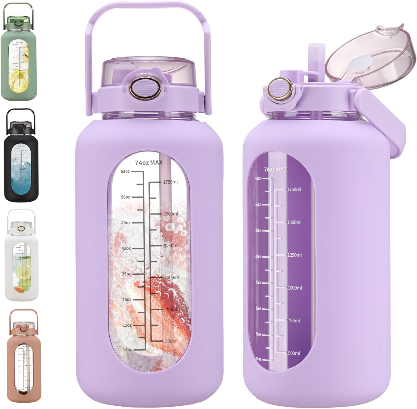 chunmo Bolttles de agua de vidrio de 74 onzas con pajilla, botella de agua motivacional grande con marcador de tiempo, botellas de agua deportivas