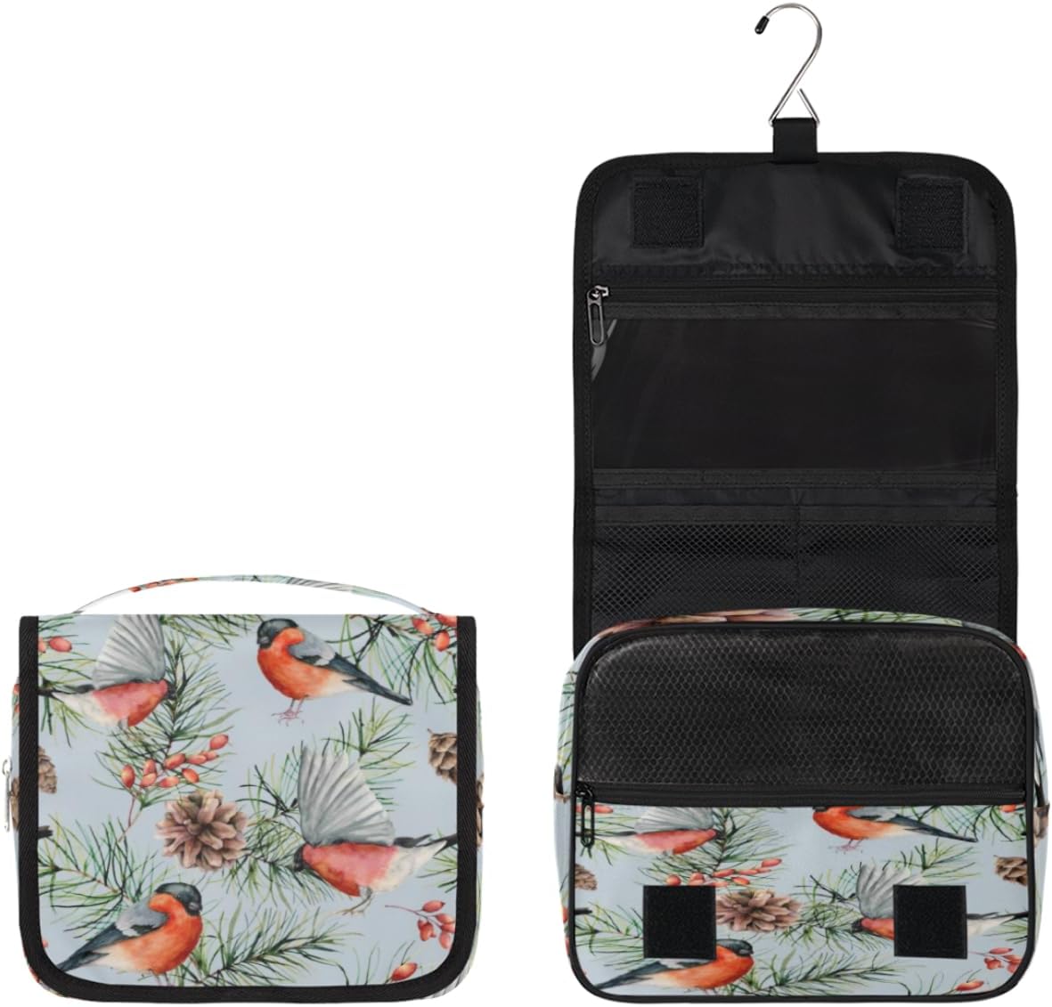 QsirBC Bolsa de aseo de pájaros de camachuelo de acuarela para mujer, organizador de maquillaje de viaje con gancho para colgar, bolsas de