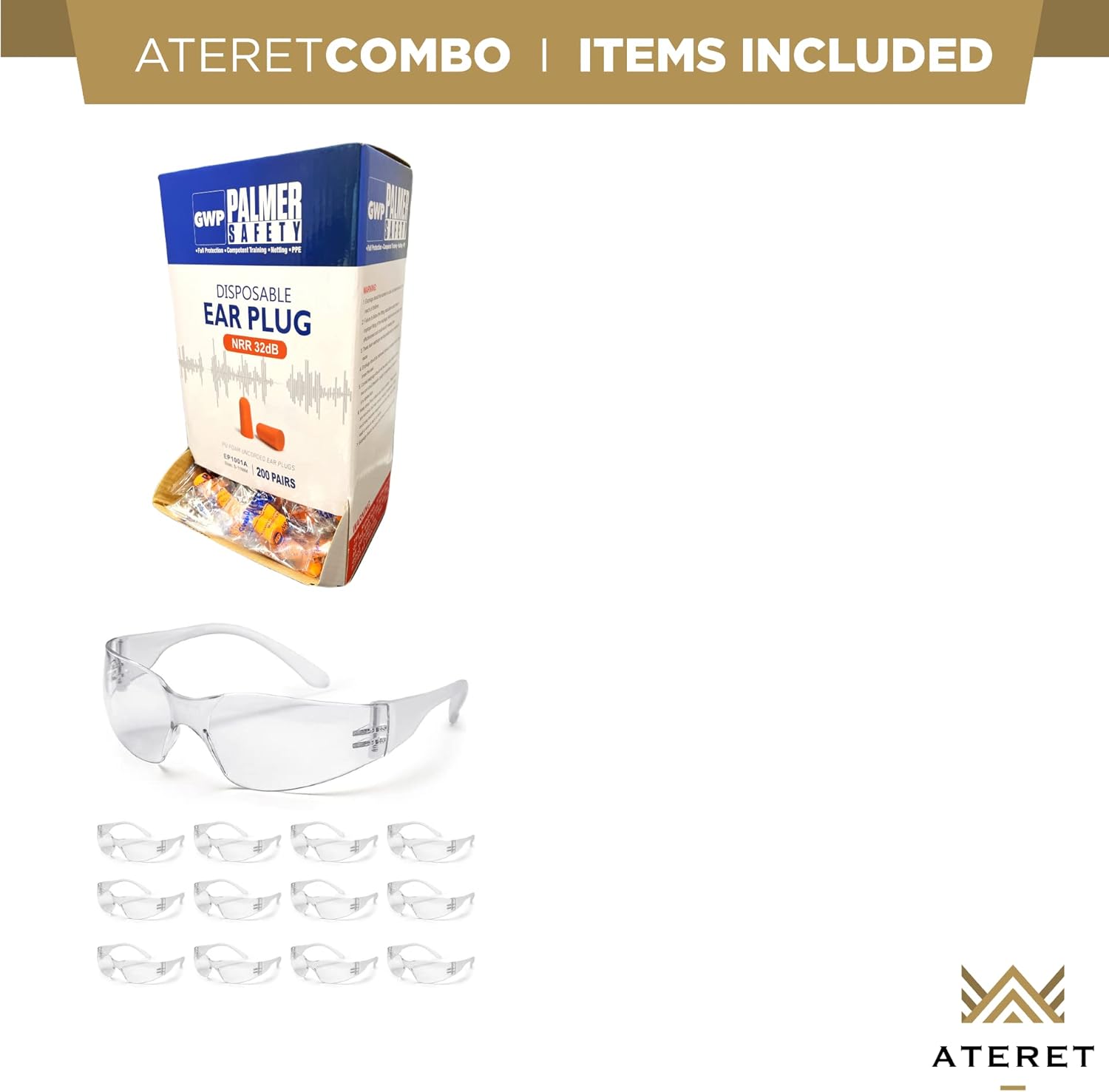 ATERET Tapones para los oídos, 200 pares y 12 pares de gafas de seguridad I 32 db con cancelación de ruido, tapones desechables suaves para los