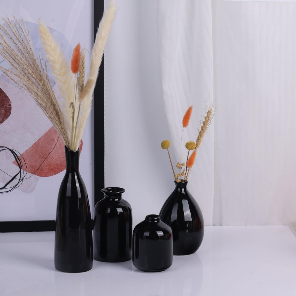 Juego de 4 jarrones de cerámica negra brillante, decoración de granja, decoración de chimenea, decoración de manto y estante, decoración del hogar