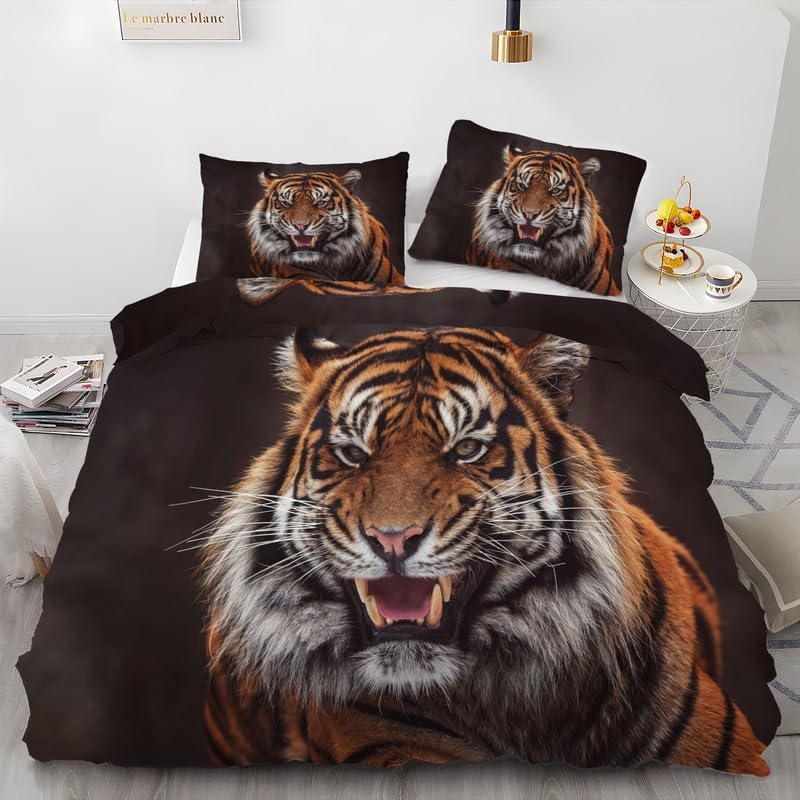 Dark Gray Wildlife King Duvet Cover Tiger Print King Bedding Set Soft Microfiber Comforter Cover and 2 Pillow Shams 20″X36″, Bed Set Duvet Covers