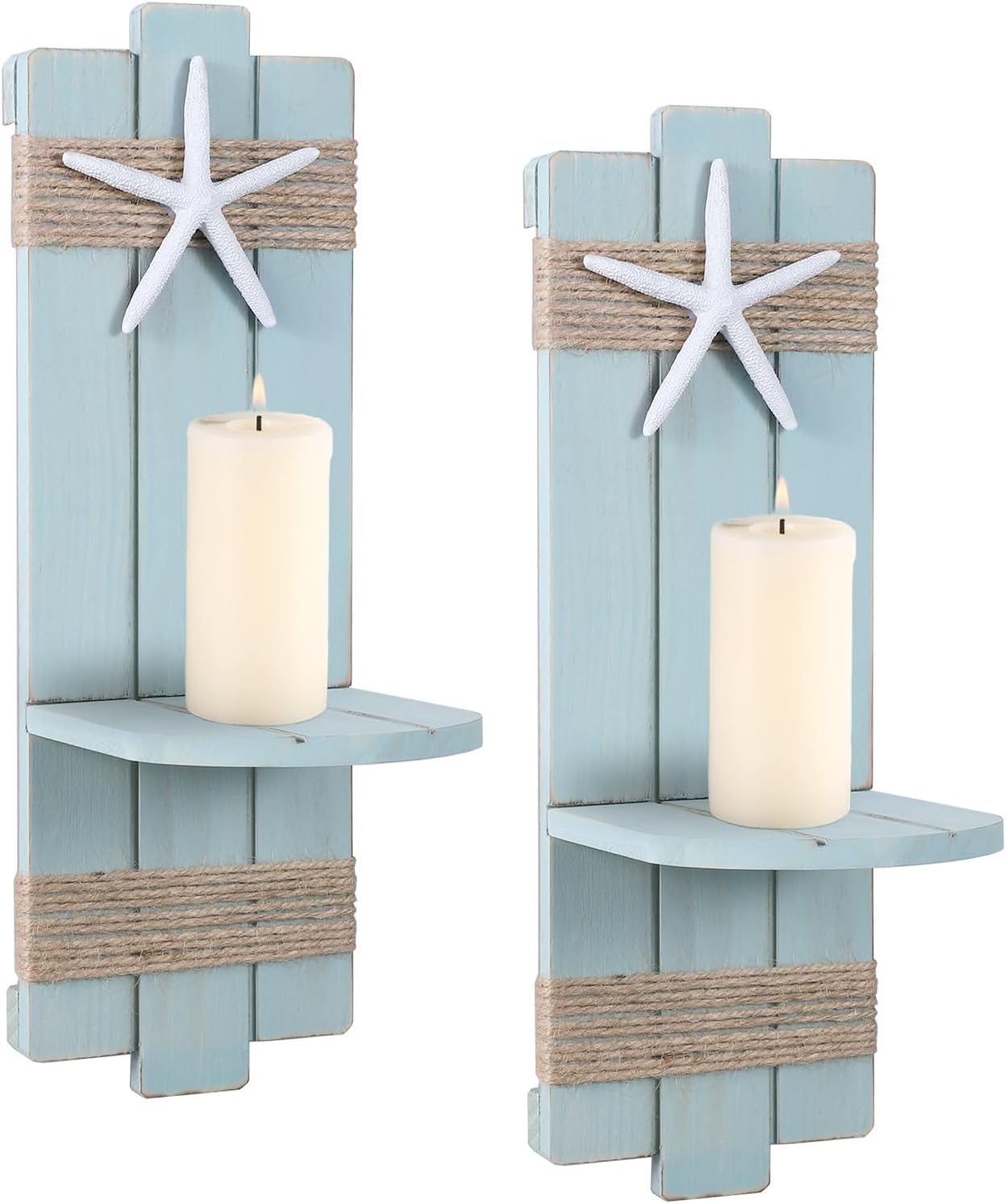 SOMTO Juego de 2 candelabros de pared con diseño de estrella de mar de playa, decoración de pared con temática náutica, portavelas de pared,
