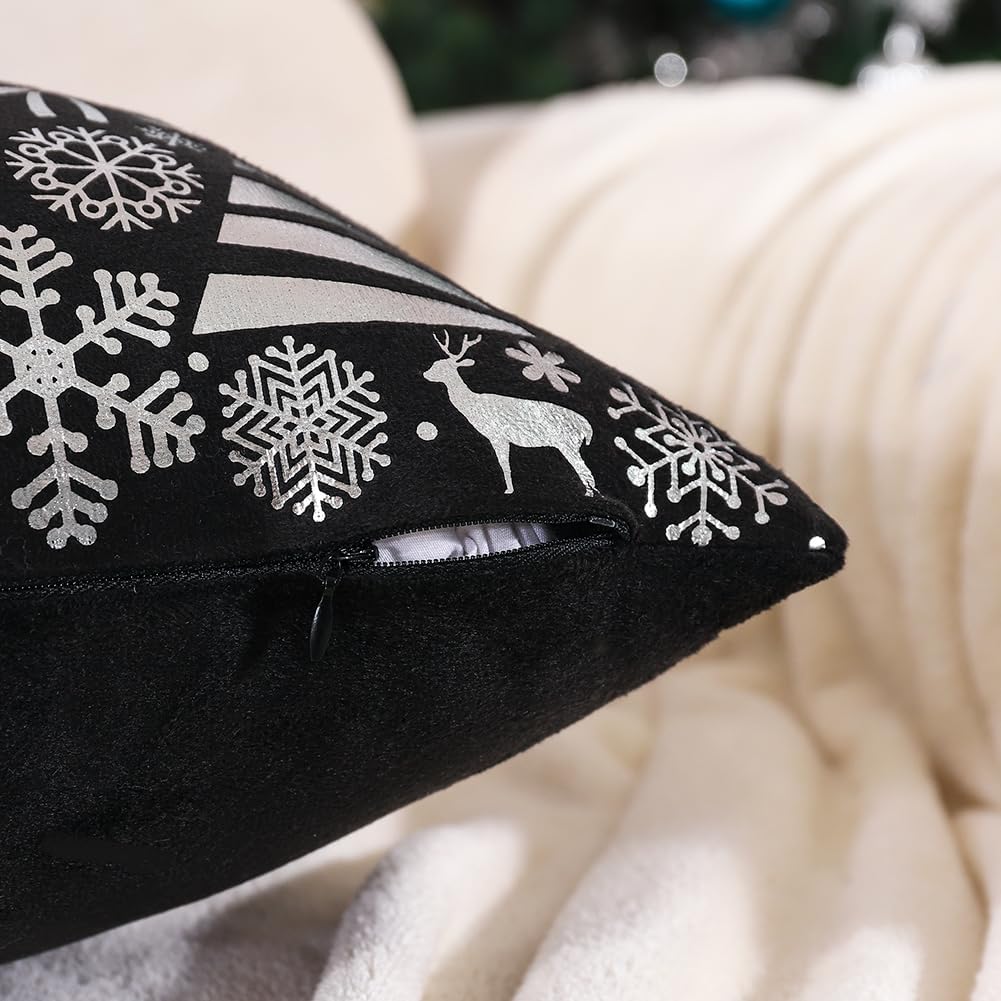 Juego de 4 fundas de almohada navideñas negras y plateadas de 18 x 18 pulgadas, decoración de Navidad plateadas y negras, almohadas decorativas de