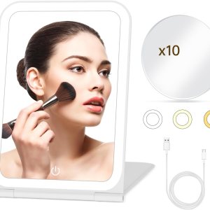 Espejo de maquillaje de viaje recargable con espejo de aumento de 10X, espejo de maquillaje iluminado con 72 LED, iluminación de 3 colores, pantalla Espejo de maquillaje de viaje recargable con espejo de aumento de 10X, espejo de maquillaje iluminado con 72 LED, iluminación de 3 colores, pantalla