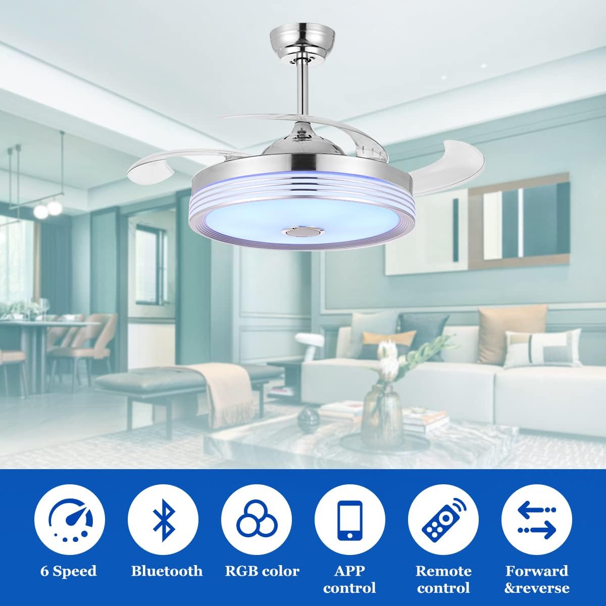 Ventilador de techo retráctil de 42 pulgadas con luz y control remoto de aplicación, lámpara de altavoz Bluetooth, luces regulables de color RGB