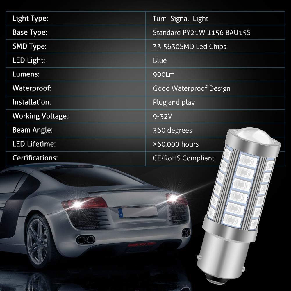 Juego de 2 focos LED 33-SMD Katur superbrillantes de 8,000 K, 900 lúmenes, 1156 BA15S, 1141, 7056 y 5630, color blanco, para luz de freno, luz de