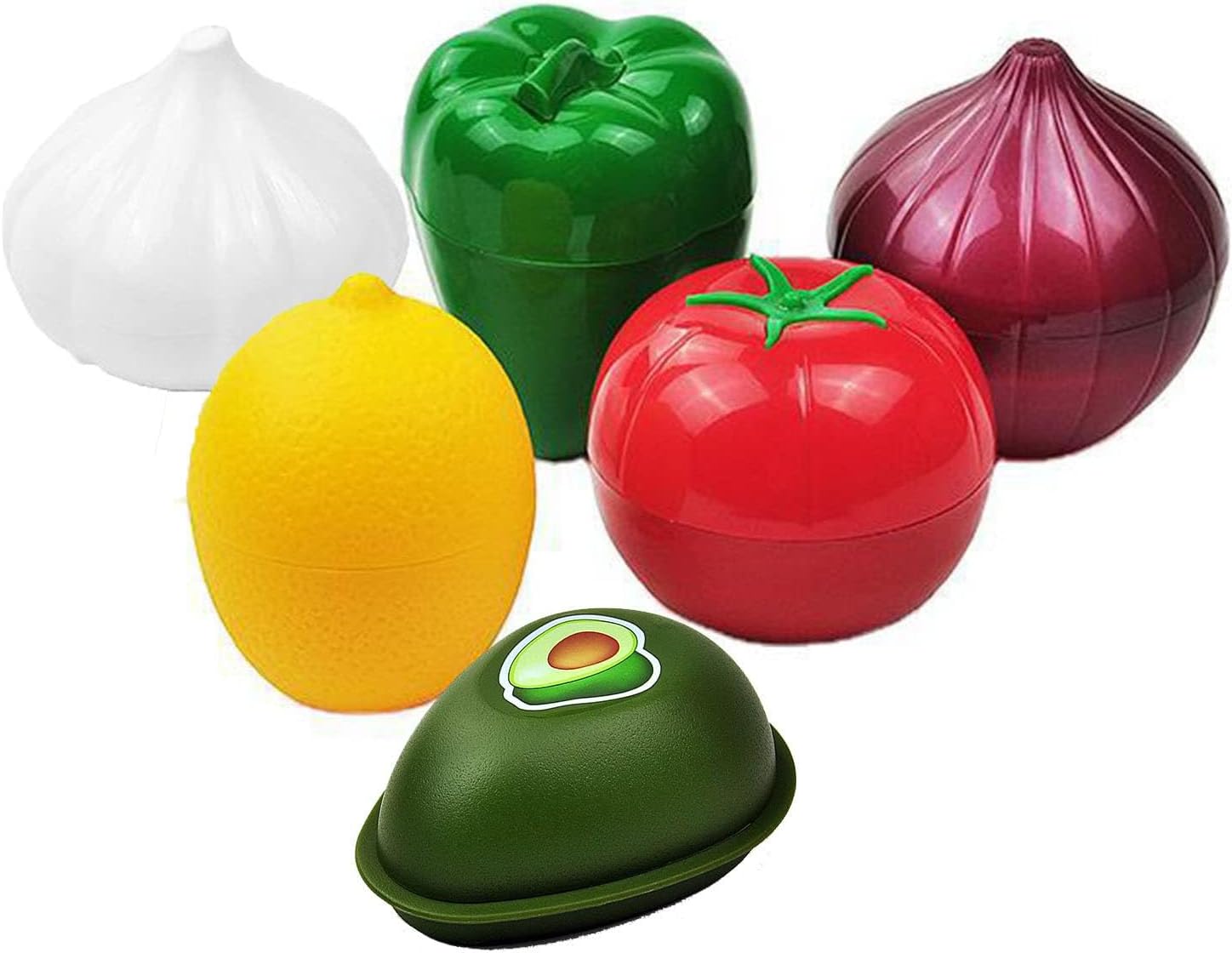 Juego de 6 recipientes con forma de frutas y verduras para guardar alimentos frescos, aguacate, limón, tomates, pimienta, cebolla, ajo,