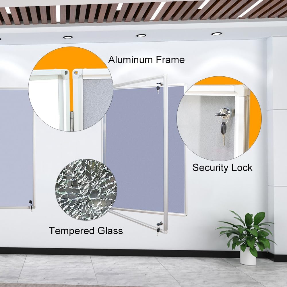Tablero de fieltro de aluminio gris enmarcado de 36 x 24 pulgadas, tablero de anuncios de corcho con cerradura, resistente a la intemperie, para