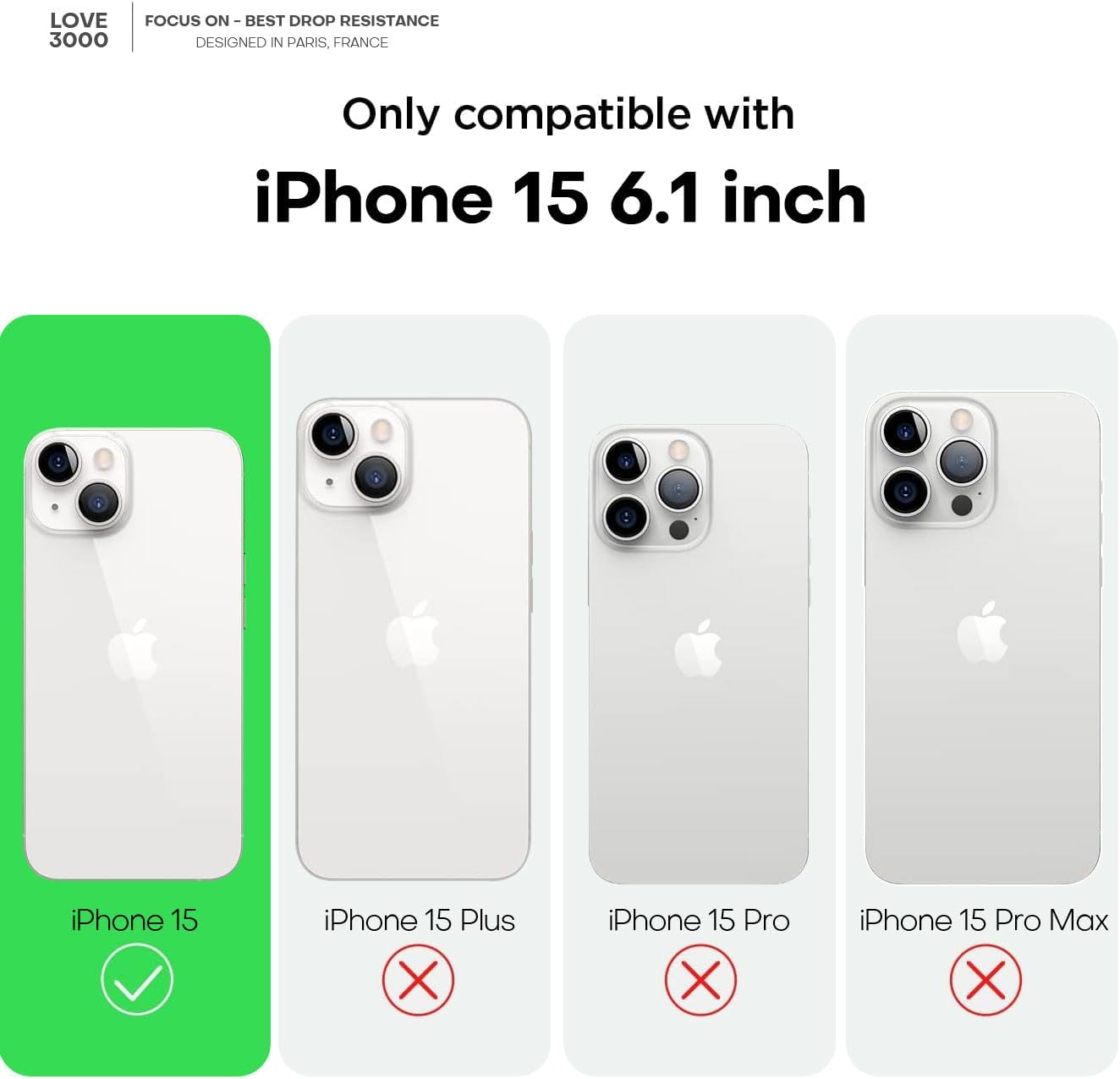 LOVE 3000 Funda compatible con iPhone 15, cámara de cobertura completa de silicona suave, protección contra caídas de 8 pies, forro de microfibra