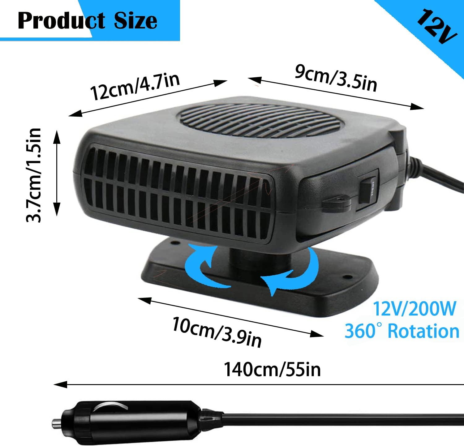 Calentador de coche de 12 V, portátil de 200 W, alta potencia, 2 en 1, descongelador de calentamiento rápido, conecta el encendedor directamente en