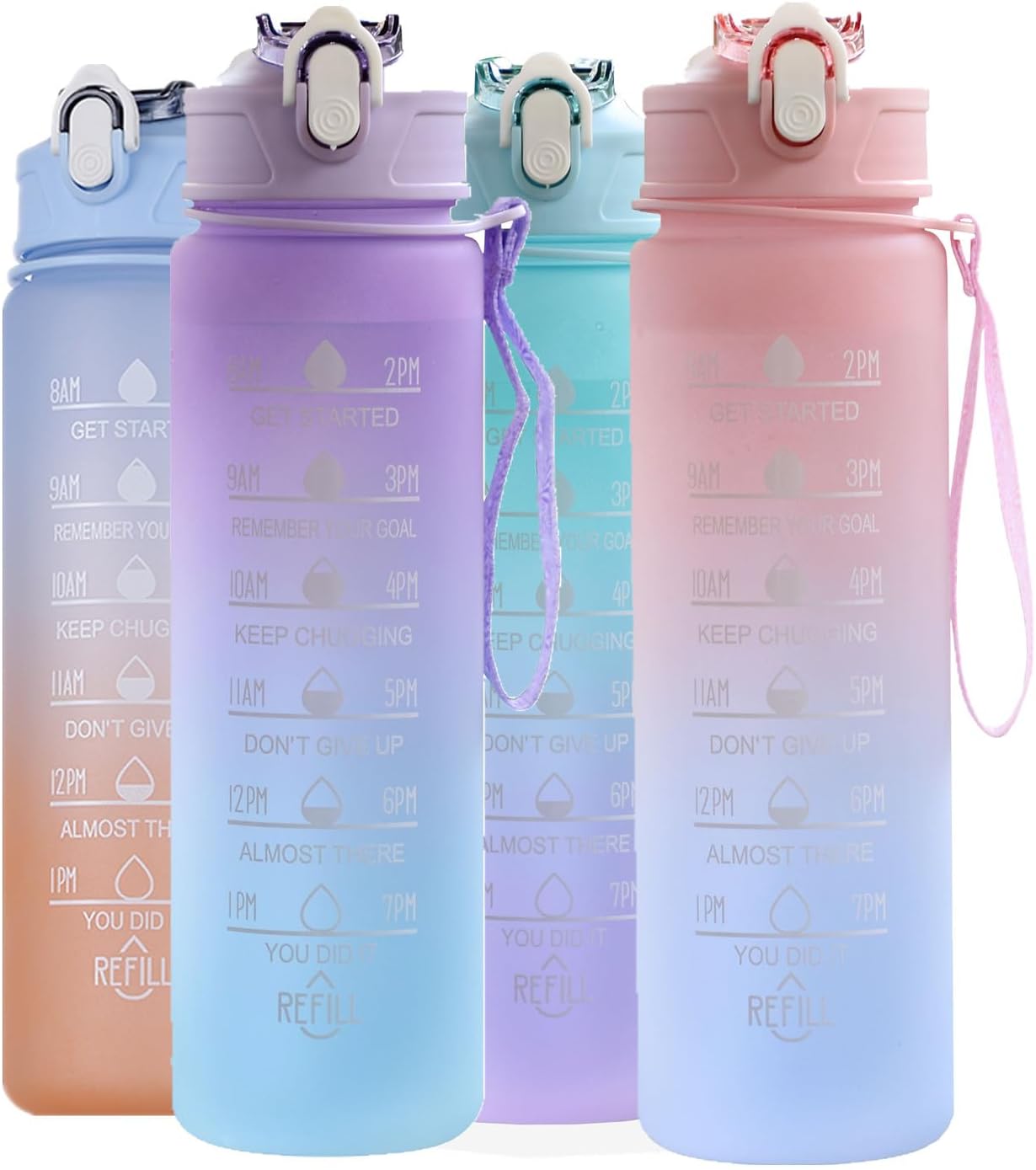 KITNOBLIS Botella de agua de 24 onzas con tiempos para beber y pajita, botellas de agua motivacionales con correa de transporte, a prueba de fugas