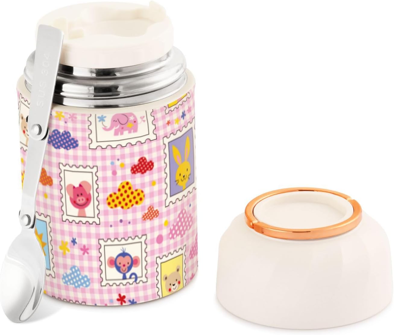 Lindo elefante oso conejo, flores rosadas, para niños y mujeres, tarro de comida aislado con cuchara de 17 oz16.9 fl oz, recipientes térmicos de