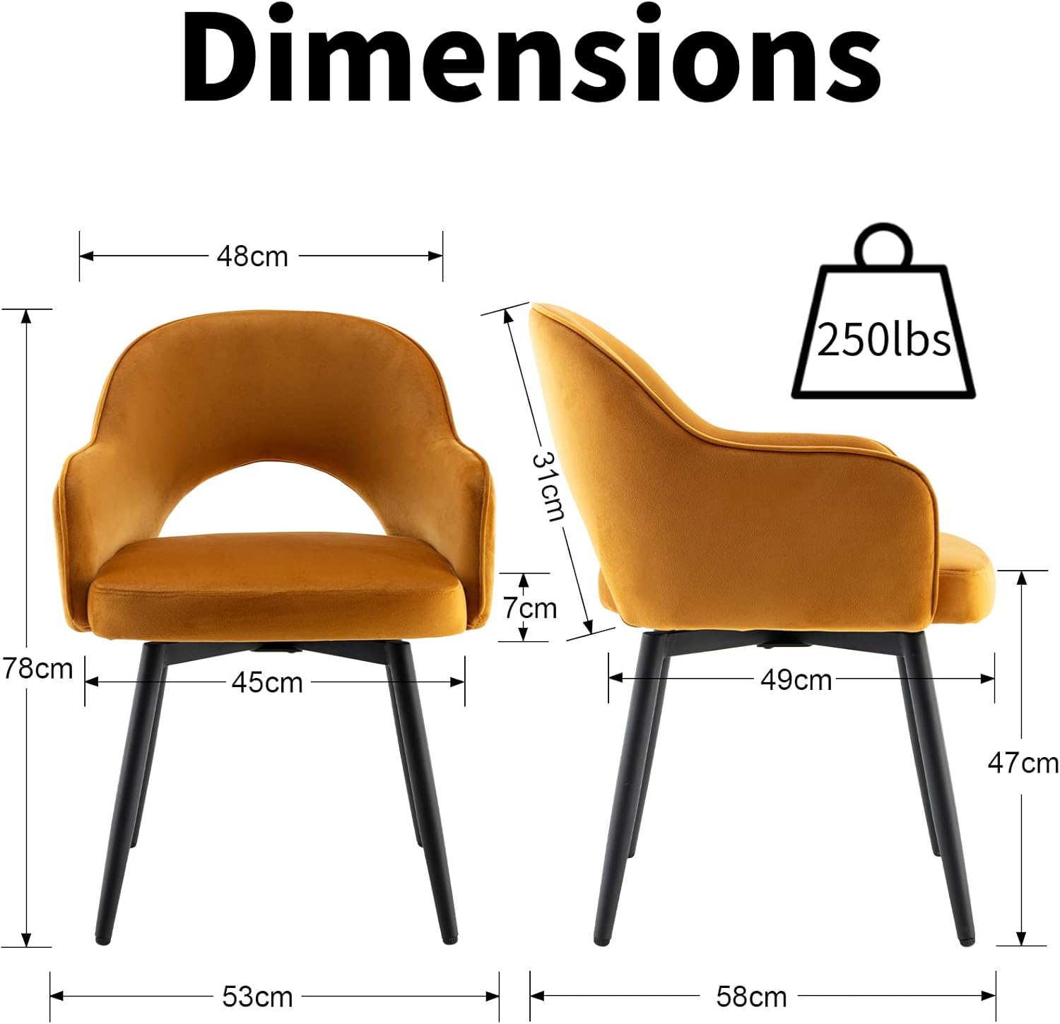 Juego de 2 sillas de comedor giratorias modernas, cómodas sillas laterales tapizadas de tela de terciopelo con respaldo hueco, patas de metal negro