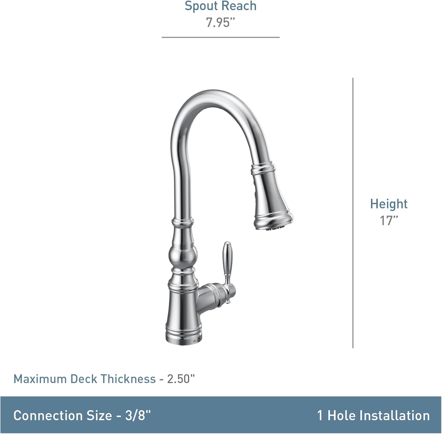Moen S73004 Weymouth Shepherd’s Hook Grifo de cocina desplegable con varilla de metal con refuerzo de potencia, cromado