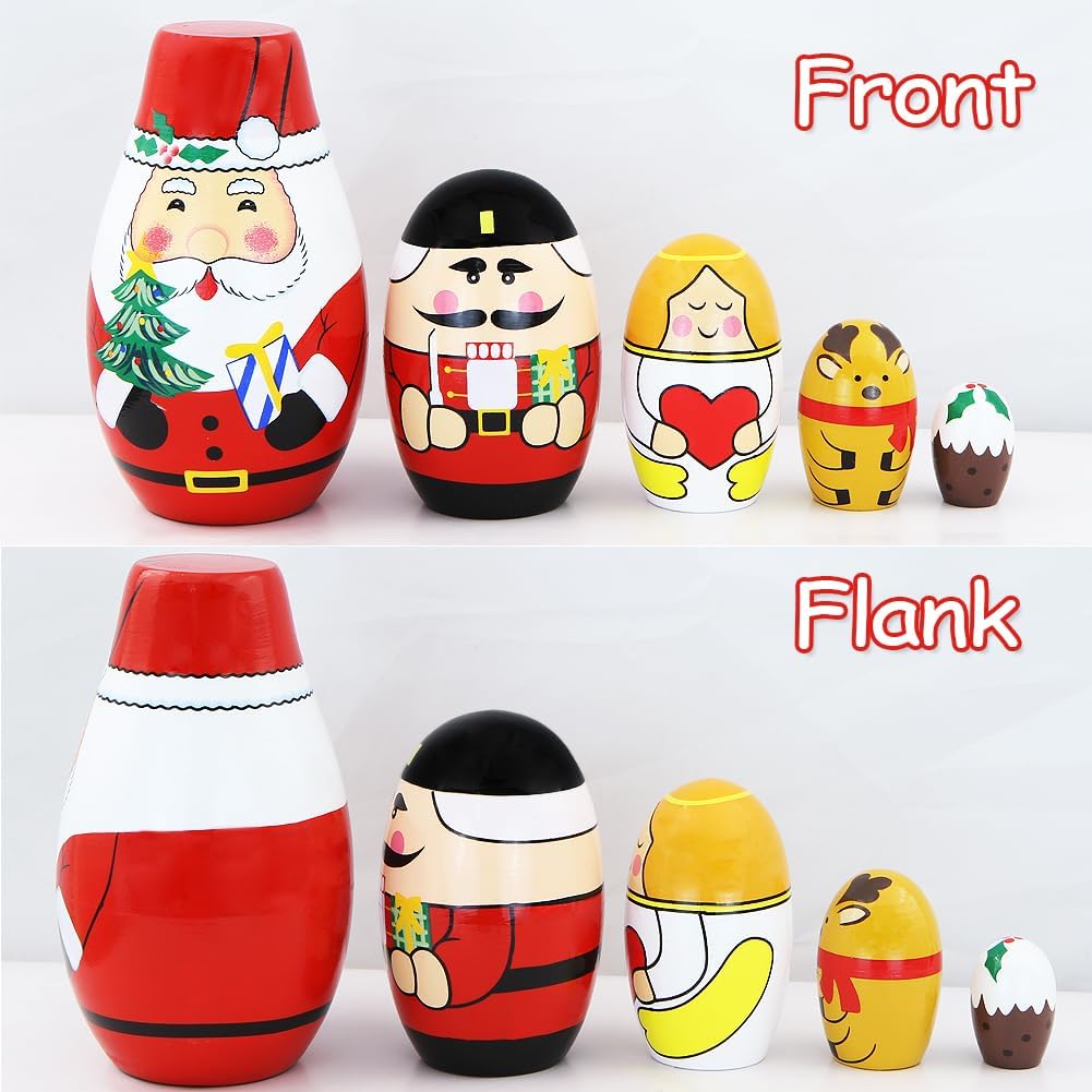 Winterworm Juego de 5 muñecas anidables de Navidad, regalo de Papá Noel, soldado, ángel, alce, madera, Matryoshka, manualidades, muñeca de anidación