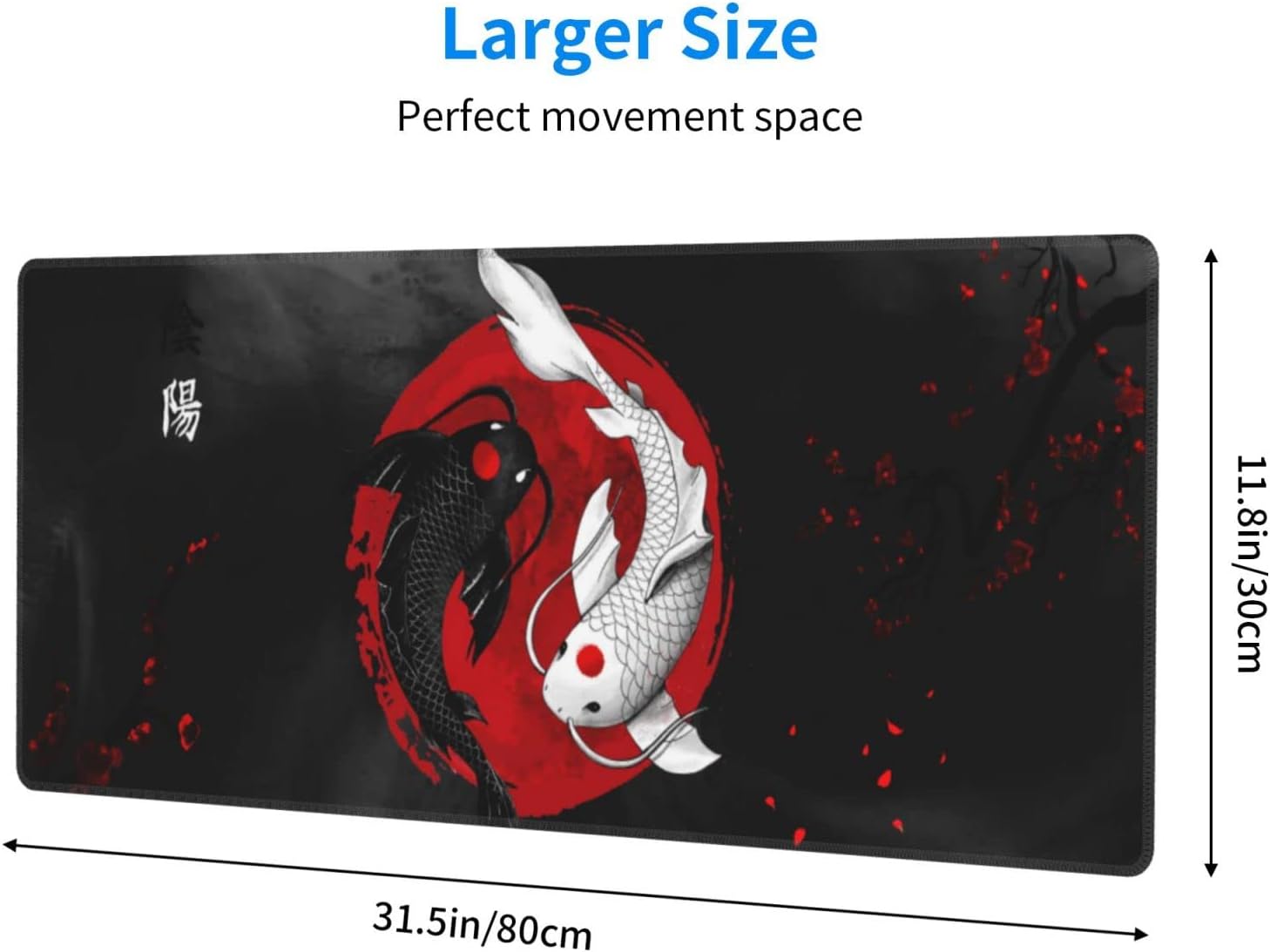 Alfombrilla de mouse japonesa con diseño de pez de carpa Yin y Yang Koi, color negro y rojo, XL extendida, base de goma antideslizante, borde
