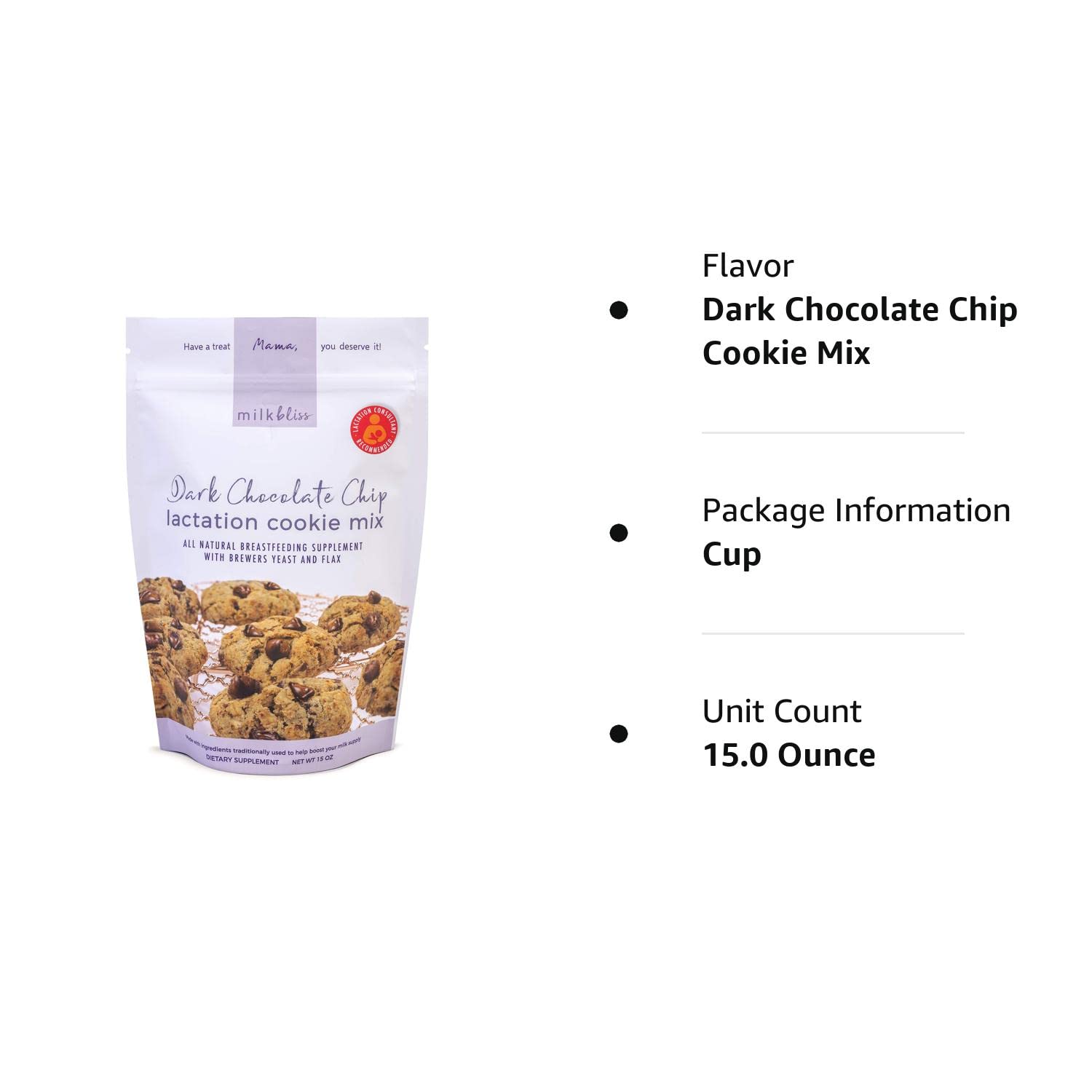 MilkBliss Dark Chocolate Chip Lactation Cookie Mix- Oatmeal Breastfeeding Cookie Supplement Support for Milk Supply Increase 15 oz