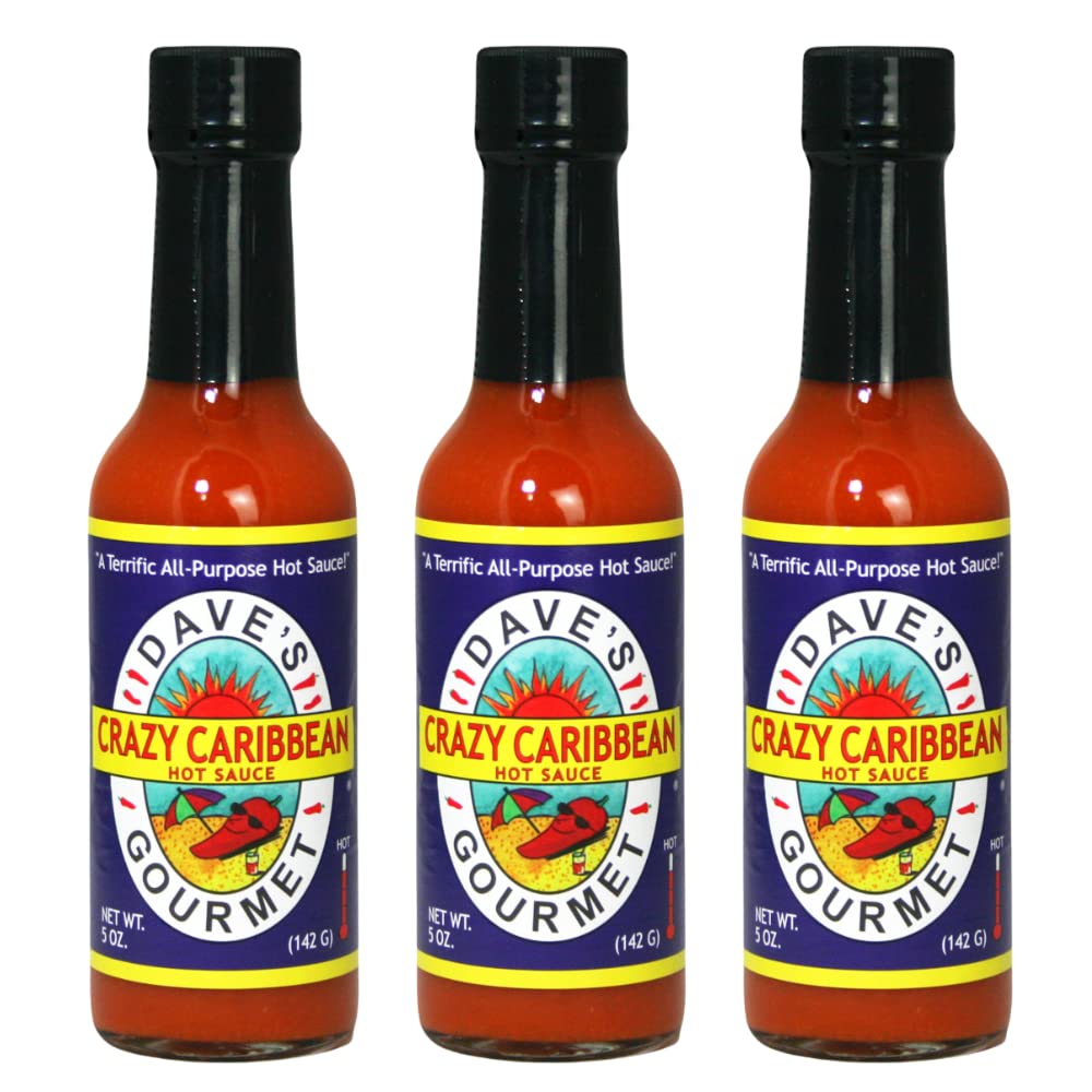 Dave’s Gourmet Crazy Caribbean Hot Sauce – Potenciador de sabor multiusos para sopas, salsas, salsas – 3 botellas
