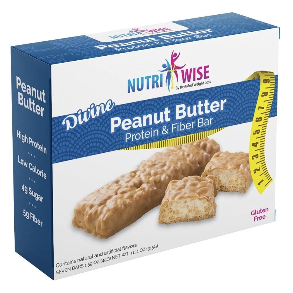 NutriWise – Barras dietéticas  Alto en proteínas – Sin gluten – Bajo en colesterol – Bajo en sodio – Bajo en azúcar  7Caja  (Divine Peanut Butter)