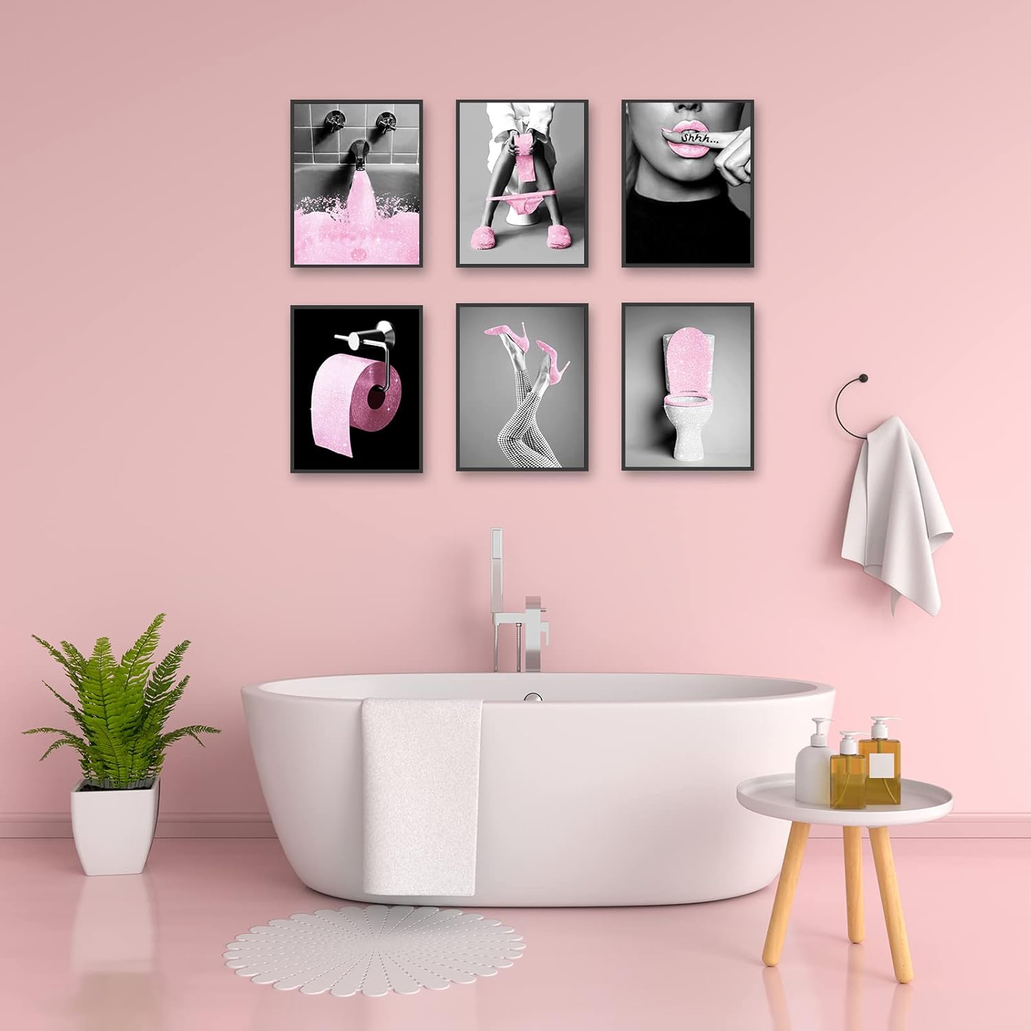 Juego de 6 impresiones artísticas de pared de moda para decoración de baño, pósteres de tela con purpurina glamorosa, fotos, obras de arte de baño,