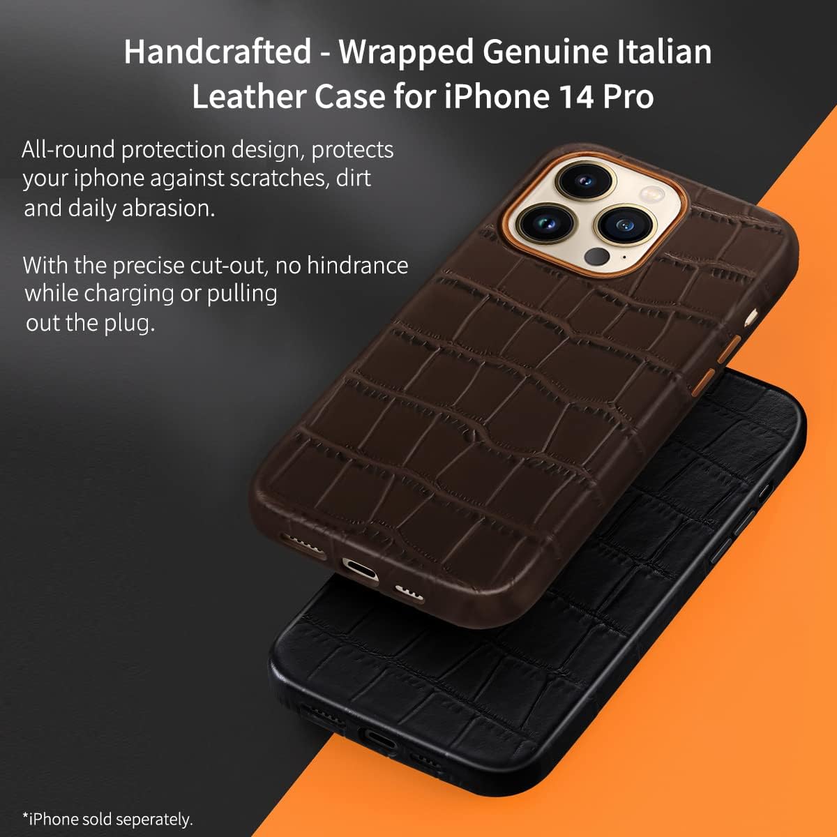 Docco Jette Funda de piel compatible con iPhone 14 Pro, piel de vaca genuina, patrón de cocodrilo en relieve para iPhone 14 Pro, imanes integrados