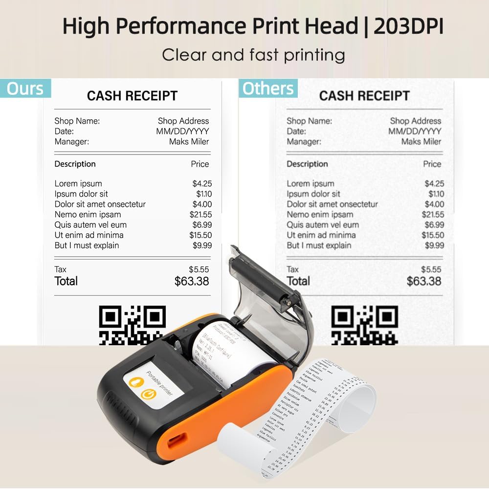 Impresora portátil de recibos, mini impresión térmica de 2.283 in, impresora móvil inalámbrica BT USB con rollo de papel térmico de 2 pulgadas,