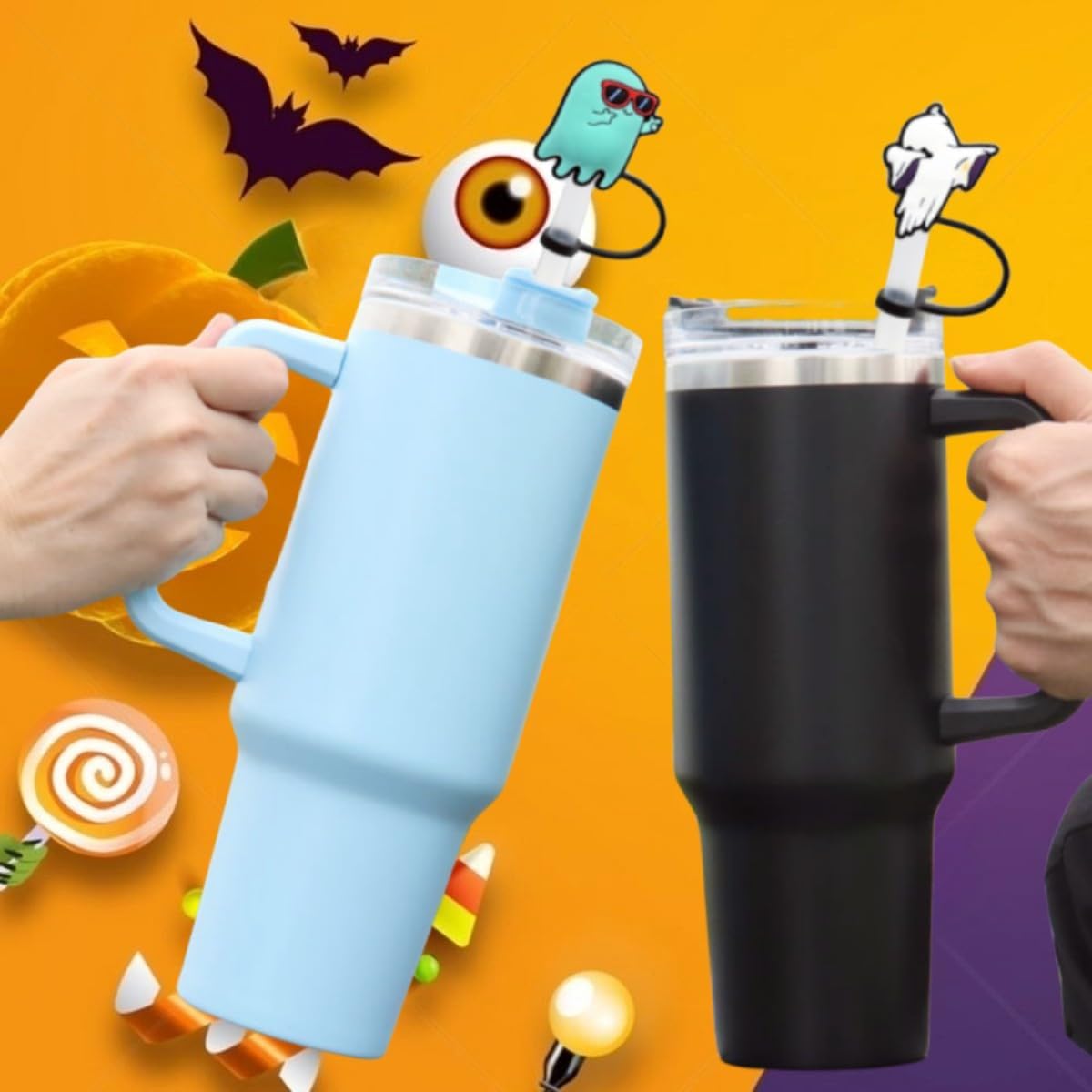 15 fundas de paja con temática de Halloween, de silicona, reutilizables, para popotes de 0.315 a 0.315 pulgadas, puntas de popote a prueba de