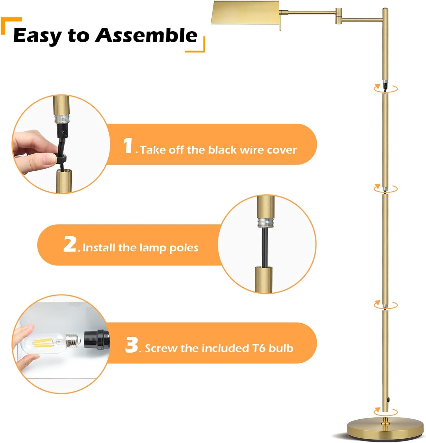 Mlambert Lámpara de pie de lectura, lámpara LED de farmacia con brazo oscilante, lámpara de pie ajustable de cabeza giratoria, base E26, lámpara de