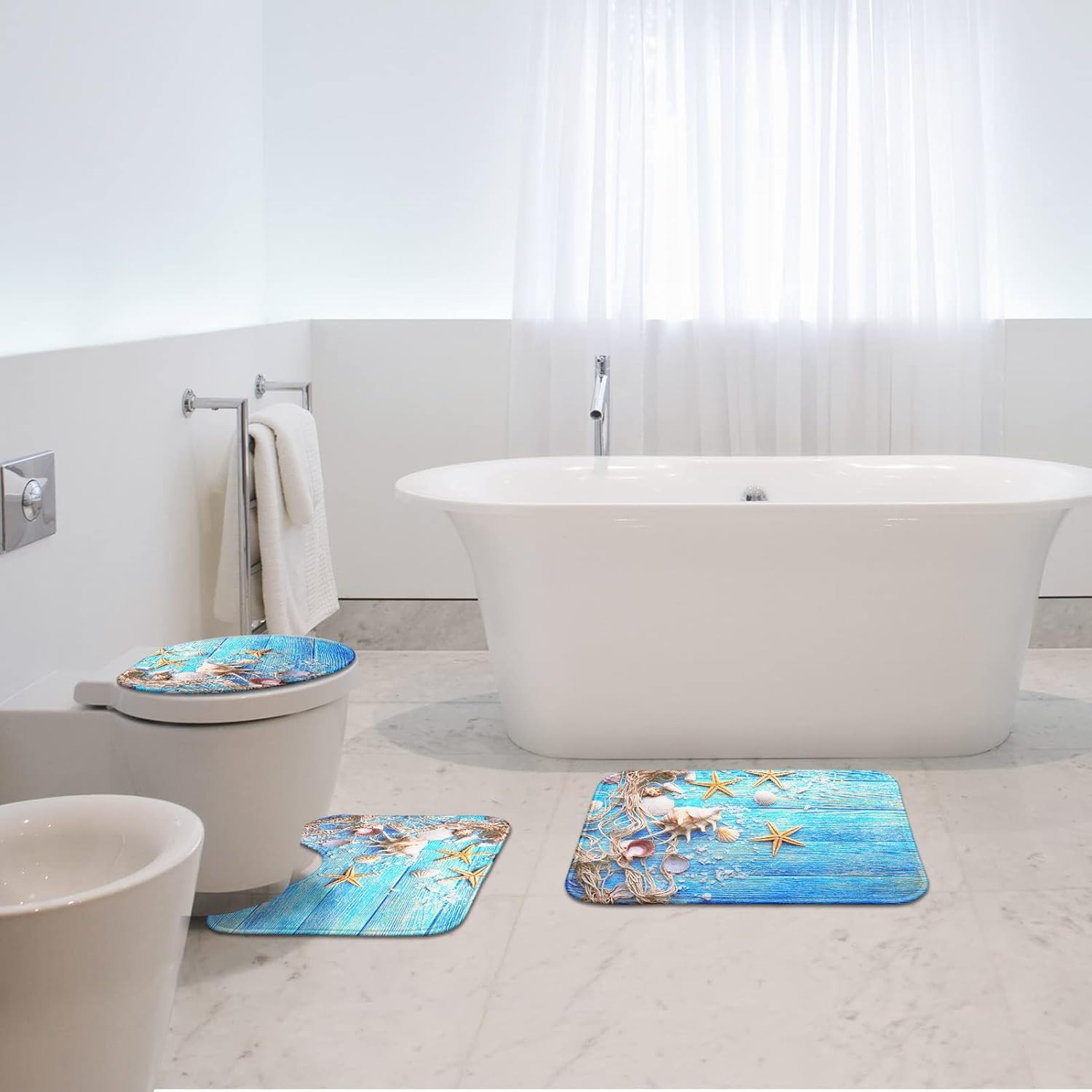 Britimes Juego de 3 tapetes de baño para baño, serie playa, conchas azules, antideslizantes, cubierta lavable, decoración para cocina, baño,