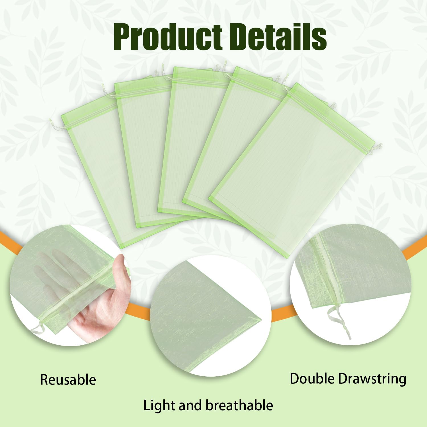 50 bolsas de protección de frutas, 8 x 12 pulgadas, bolsas de red de frutas con cordón de malla para jardín, reutilizables, para plantas de frutas,